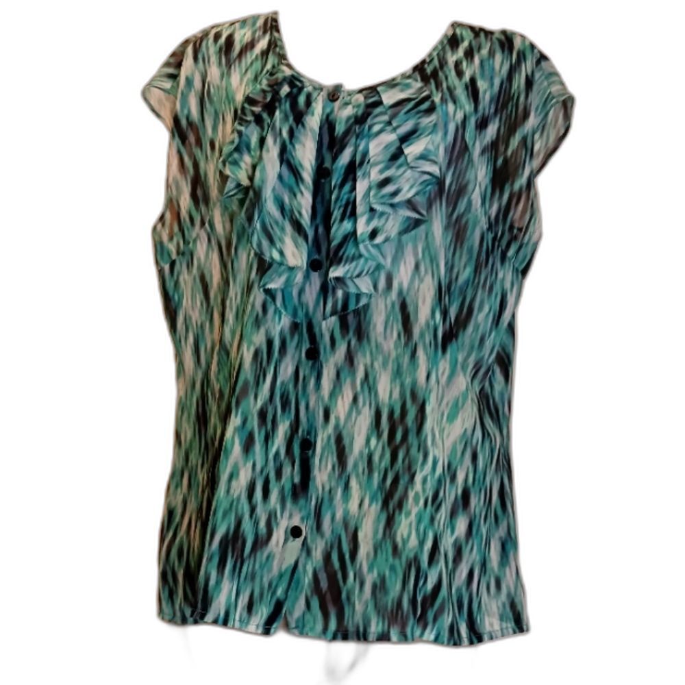 Women's Sheer Blouse Sleeveless Peep Hole Front with ruffle & button closure XL